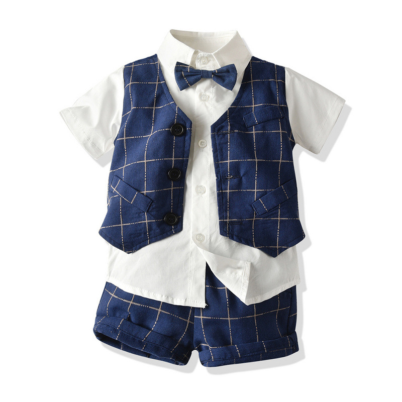 Europa y Estados Unidos ropa infantil de tres piezas de verano chaleco de cuadrícula camisa de mangas cortas pantalones cortos transfronterizos de moda moda moda ropa infantil