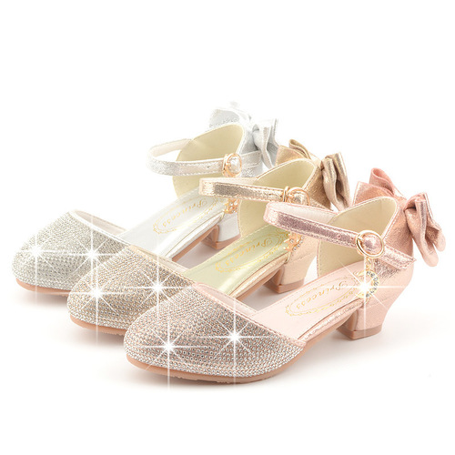 Girls baby heel bow crystal shoes Korean style spring new children's high heels silver performance leather shoes trendy