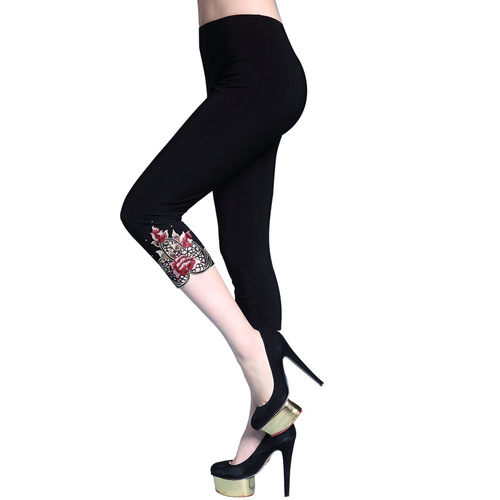 Summer Embroidered 7/8 Length Pants Plus Size Women's Leggings Outerwear Thin Model Fat MM 200 Pounds Elastic Waist