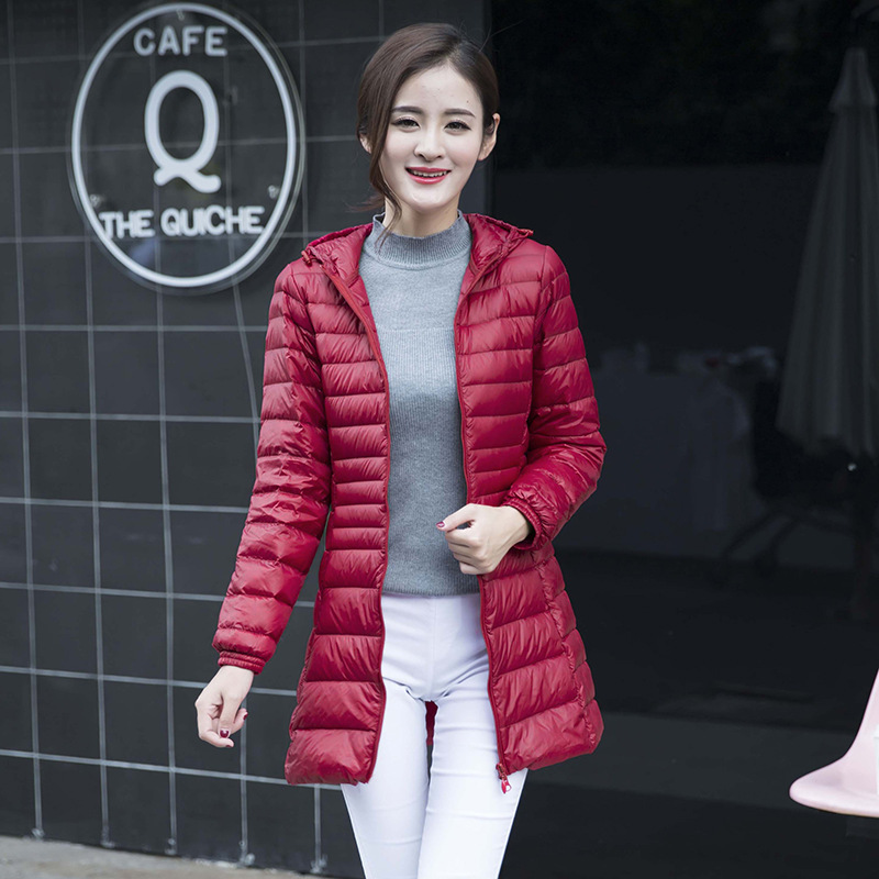 Light and thin demi-season down jacket with hood for leisure