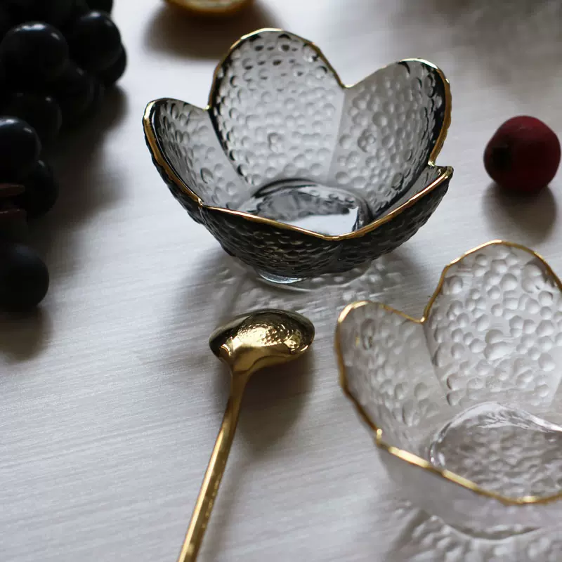 日式锤纹莲花玻璃碗金边荷花沙拉冰激凌碗大中小号茶点碗日式味碟