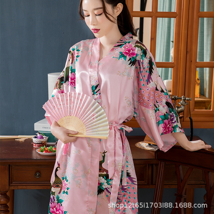 Cross-border Morning Robe Summer Thin Satin Cardigan Bridesmaid's Dress Peacock Japanese-style Silk Nightgown Short Kimono Bathrobe