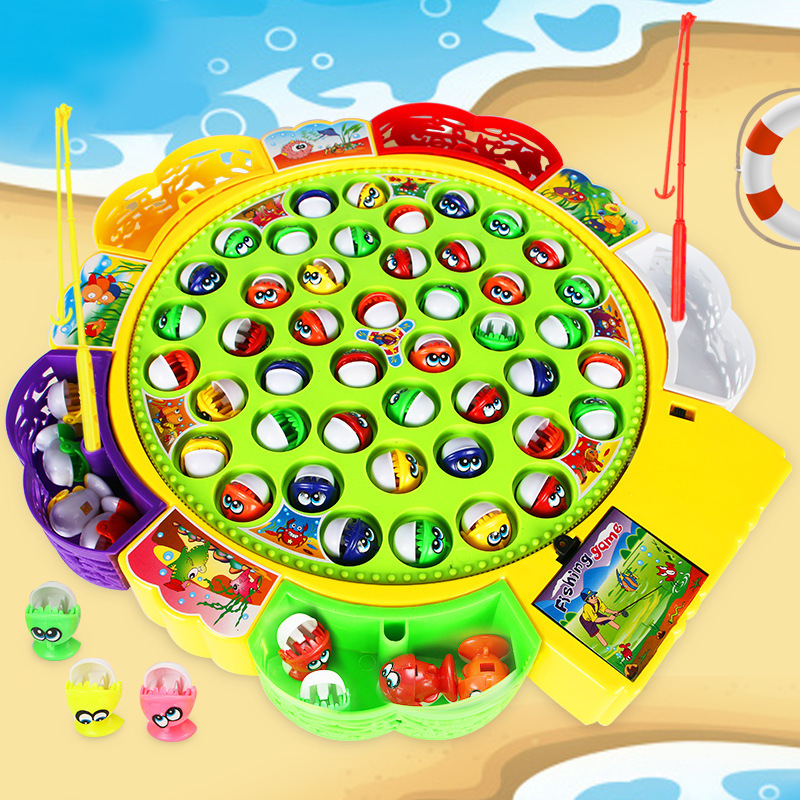 Cross-border children's electric fishing toy rotating fishing plate building block set parent-child interactive toy 45/25/15 fish