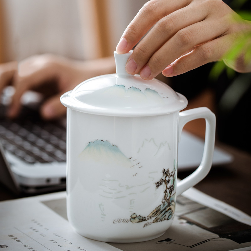 手绘玲珑办公杯景德镇白瓷粉彩茶杯陶瓷家用带盖水杯大号泡茶杯子