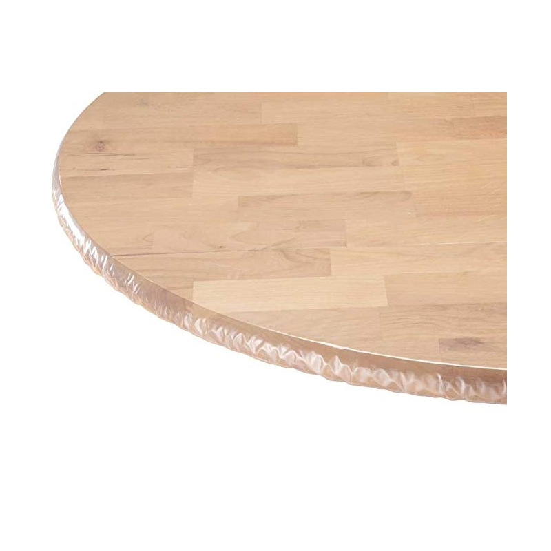 Mantel redondo de PVC transfronterizo impermeable y a prueba de aceite forrado de vellón grueso transparente impreso mantel de plástico banda elástica mantel de grano de madera