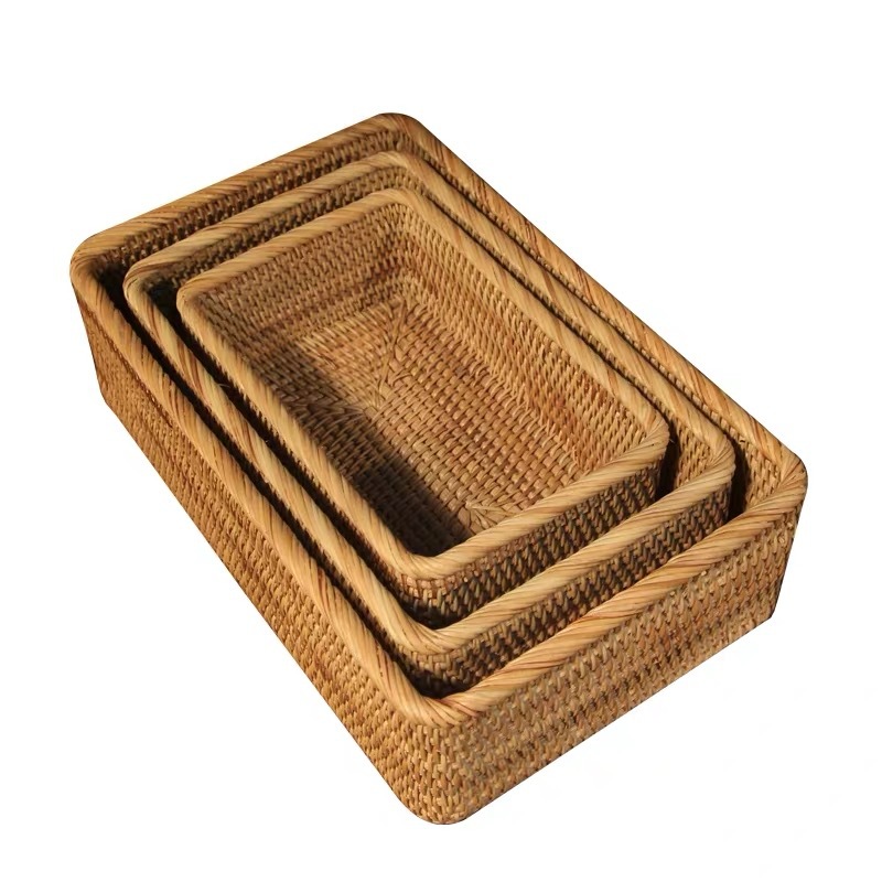 Vietnam otoño cesta de mimbre cesta de almacenamiento fruta pan azul tejido merienda rectangular hogar cesta de escritorio japonés