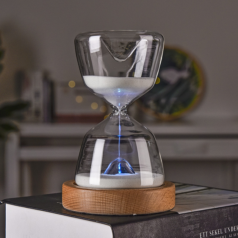Directo de fábrica vidrio reloj de arena temporizador luminoso control remoto 15 minutos dormir luz creativa decoración reloj de arena luz de la noche