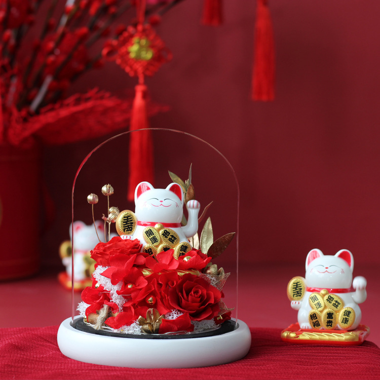 Regalo del Día de San Valentín muñeca cerámica hecha a mano Rose Lucky CAT cubierta cristal decoración al por mayor la Flor Eterna producto terminado