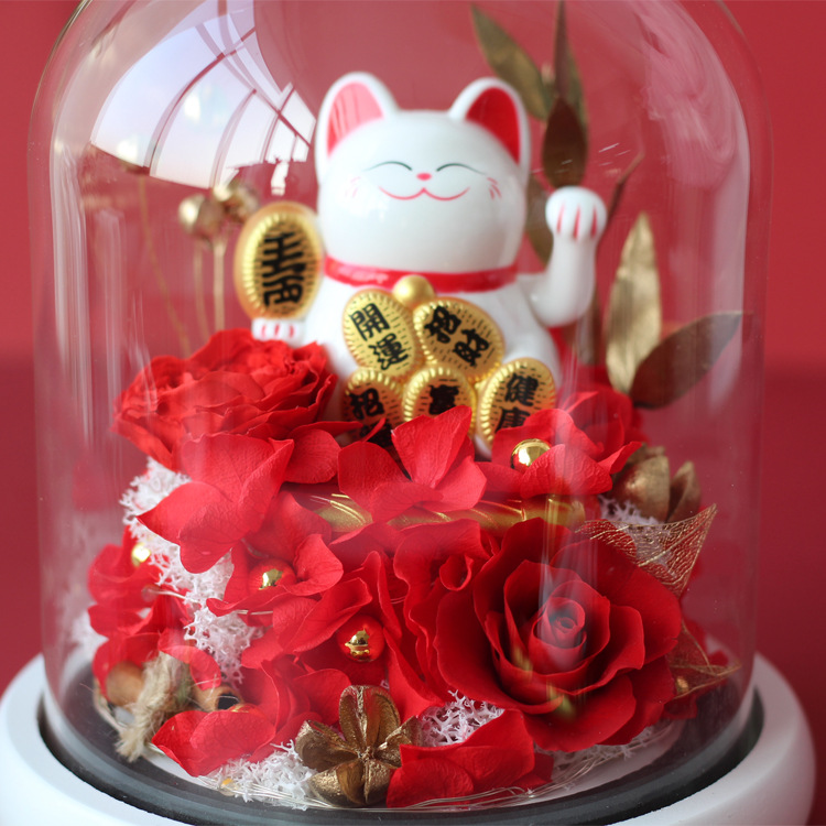 Regalo del Día de San Valentín muñeca cerámica hecha a mano Rose Lucky CAT cubierta cristal decoración al por mayor la Flor Eterna producto terminado
