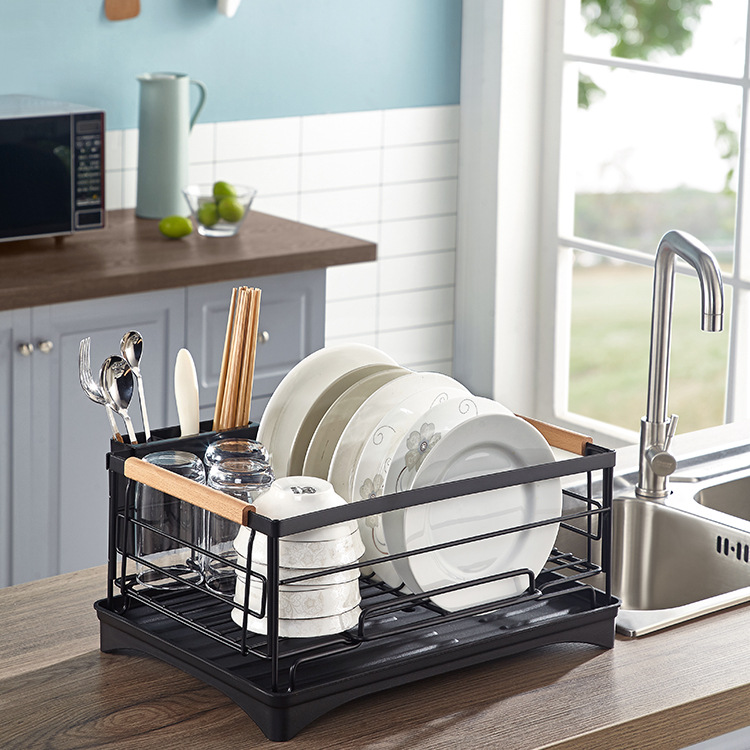 Fábrica de fuente utensilios de cocina de acero inoxidable madera de hayaja platos de fregadero drenaje de acero madera desmontaje almacenamiento platos de almacenamiento