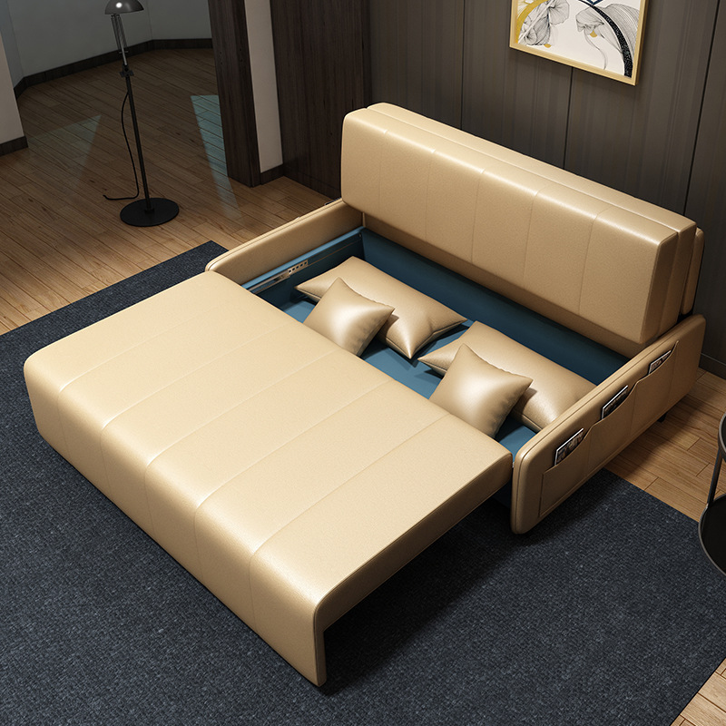 Leather art sofa bed dual-use foldable small apartment living room multi-function storage latex sofa bed double triple