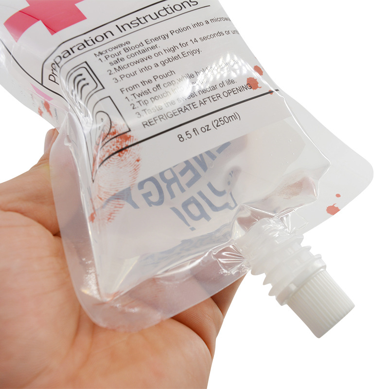 En stock 20 unids 250ml Halloween vampiro sangre boquilla bolsa plasma bebida bolsa de jugo