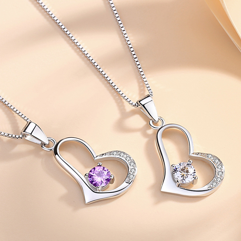 2020 nuevo s925 diamante púrpura collar de plata esterlina de las mujeres de moda colgante en forma de corazón colgante estilo coreano Cadena de clavícula joyería de moda