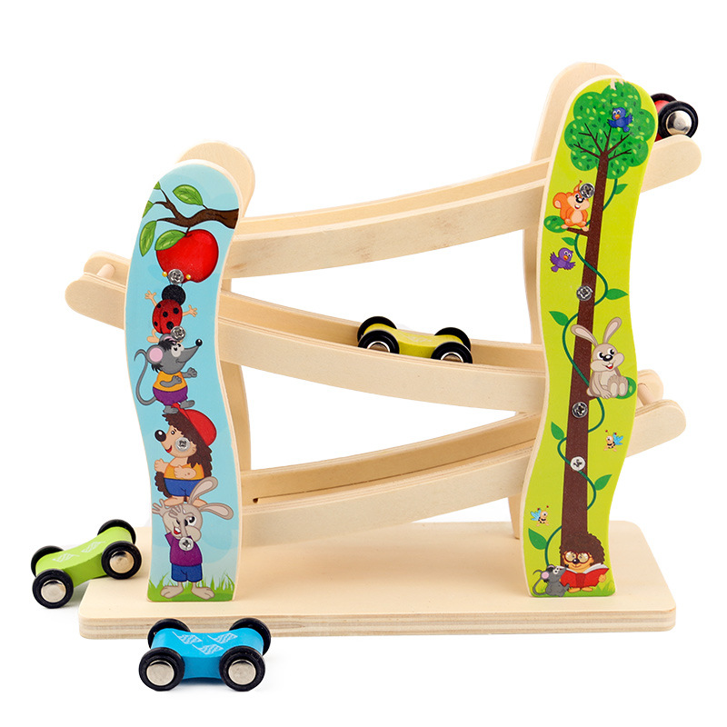 Wooden three-dimensional racing track fast speed Car Game children's three-layer inertial glider educational toys for 0-3 years old