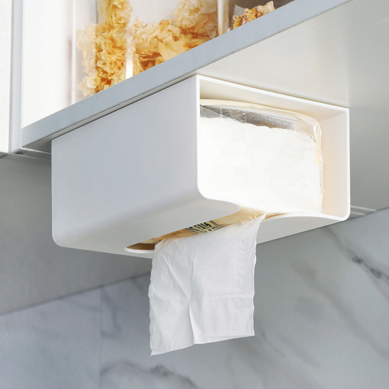 Kitchen and Bathroom Pull-Out Paper Towel Holder Storage Rack, Plastic Wall-Mounted, Traceless Adhesive Napkin Tissue Box, No Drilling Required