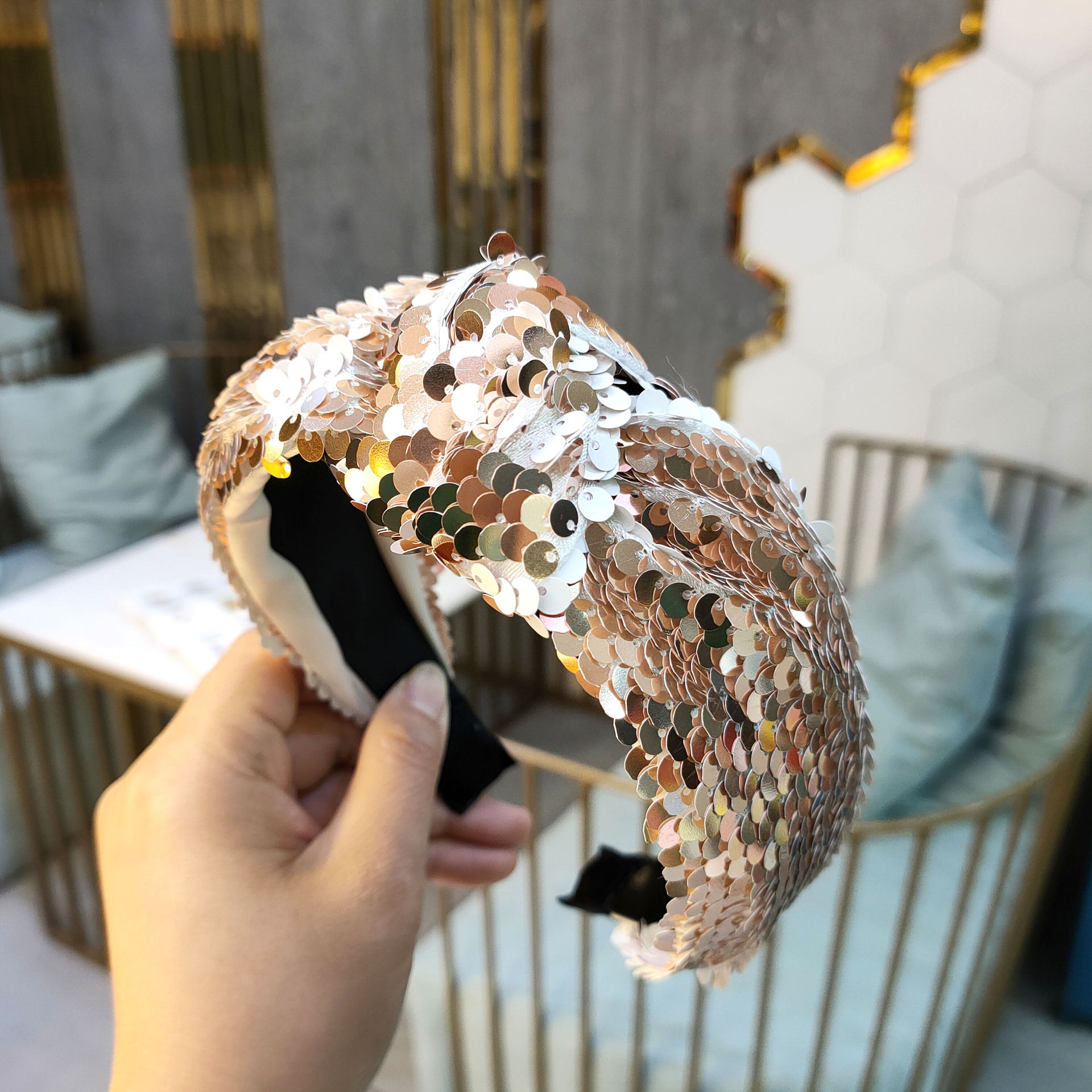 샴페인 스팽글 매듭 헤어밴드