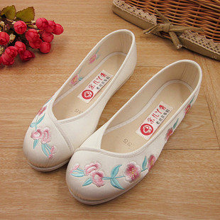 Ethnic Style Round Toe Ancient Embroidered Shoes Shallow Mouth Flat Hanfu Shoes Bow Shoes with Cheongsam White Shoes Old Beijing Cloth Shoes