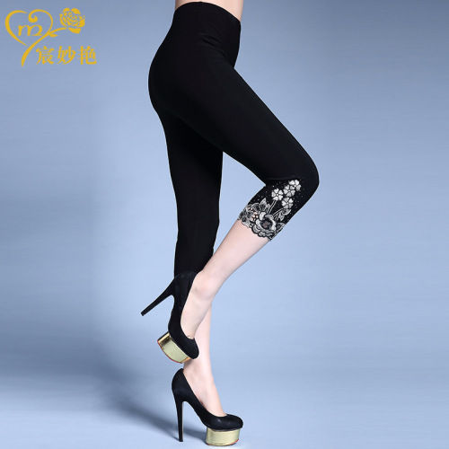 Summer Embroidered 7/8 Length Pants Plus Size Women's Leggings Outerwear Thin Model Fat MM 200 Pounds Elastic Waist