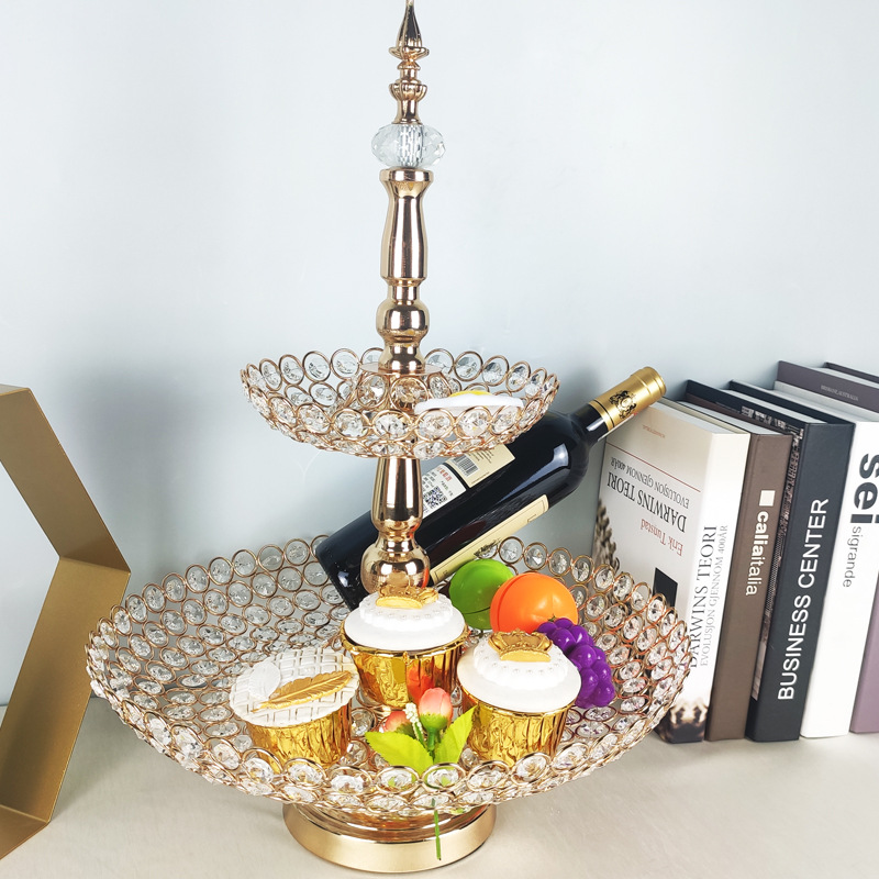 Golden 2 -layer Crystal Fruit Basket European -style iron metal cake…