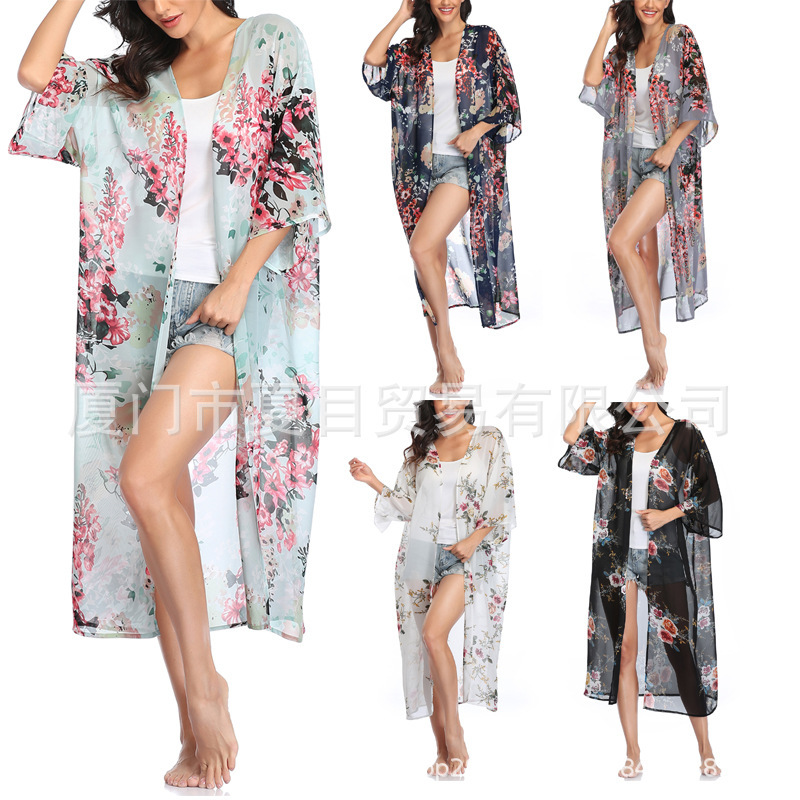 Cross-border Amazon loose large size women's blouse holiday chiffon kimono cardigan sunscreen clothing Europe and the United States wholesale
