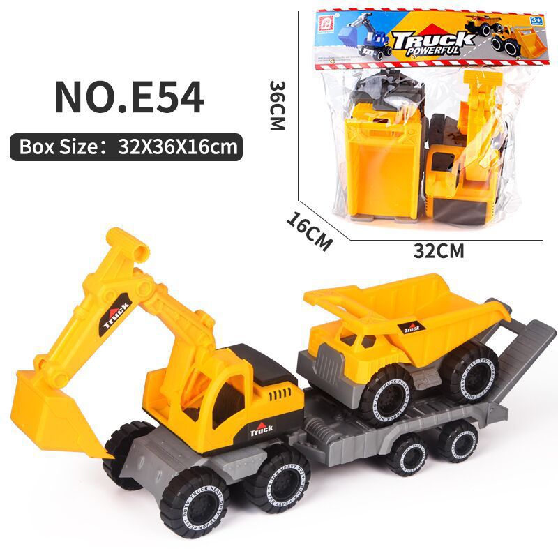 중형 모래 트럭을 보내는 트레일러가있는 대형 굴착기