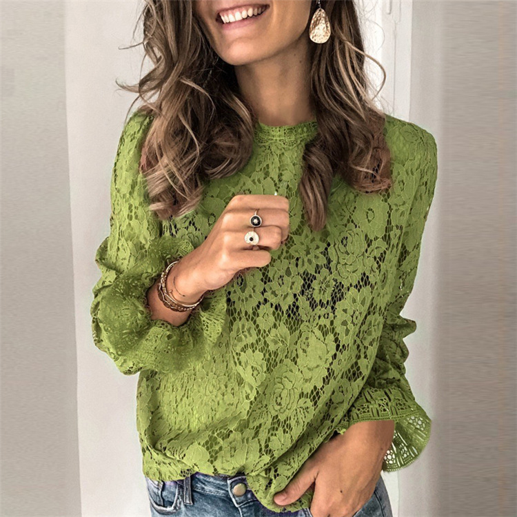 Summer cross-border Amazon, Wish, Europe and America, eBay new hot-selling flared sleeve long sleeve hollowed-out lace shirt for women