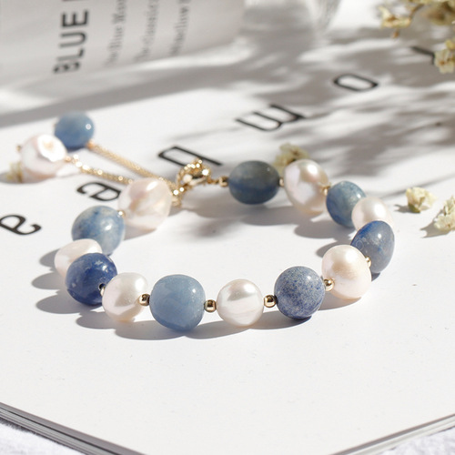 Batu Blue Aventurine Crystal Bracelet Freshwater Pearl Crystal Bracelet for Women Korean Style Simple Personalized Bracelet for Women
