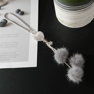 mink fur ball car pendant | Car hanging - peach-heart-grey-mink-hair