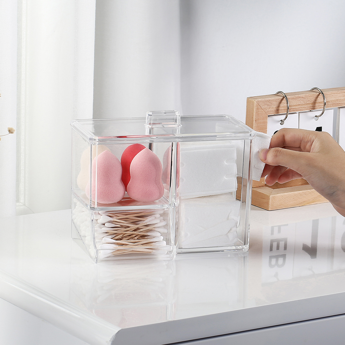 Caja de almacenamiento de escritorio de algodón cosmético tocador maquillaje compartimiento de almacenamiento de algodón hisopo de plástico transparente caja de organización al por mayor
