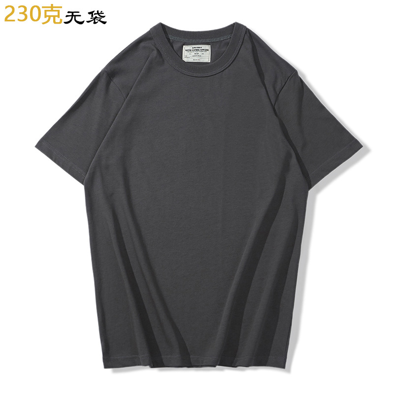 OKONKWO 230G Camiseta de algodón de verano tejido liso color sólido manga corta cuello redondo básico Bolsillo pequeño camiseta