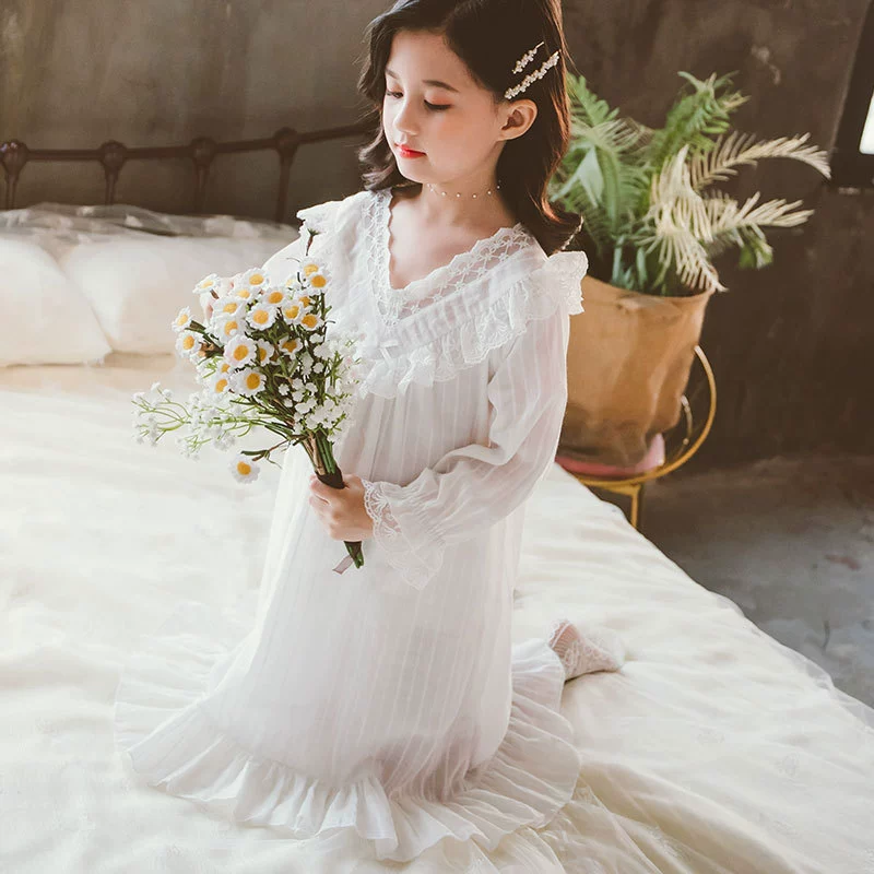 Ночная рубашка с длинным рукавом для девочек Ночная рубашка принцессы Пижама для девочек Кружевная хлопковая Детская домашняя одежда для девочек Пижама для девочек