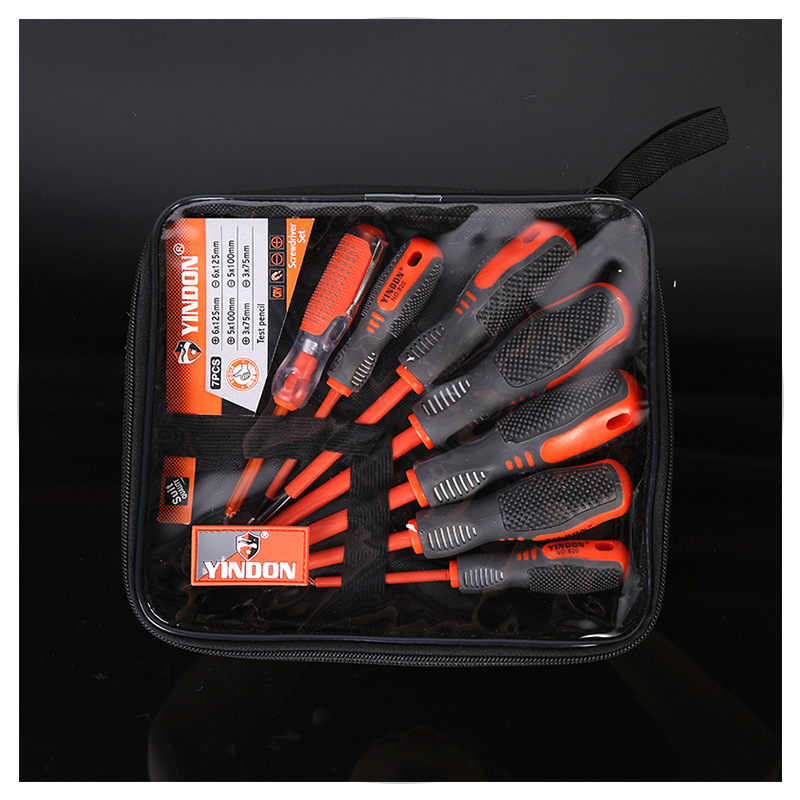 7pc mango de masaje de tres colores destornillador de electricista conjunto de combinación de bolsa de tela herramienta de mantenimiento de prueba eléctrica de la industria del hogar
