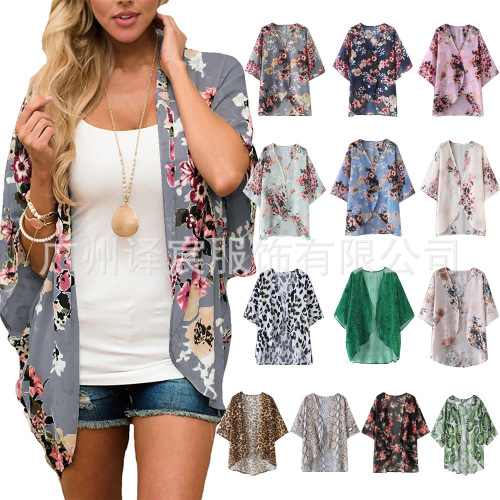 Women's European and American Large Size Chiffon Cardigan Top, Beach Cover-up, Sun Shirt, Printed