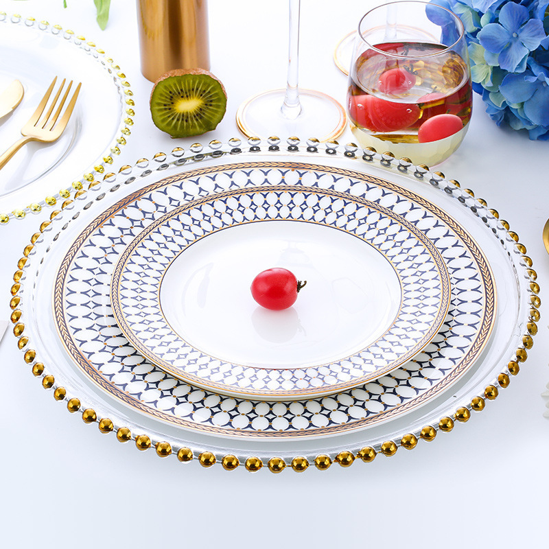 European Style Glass Western Food Plate Banquet Model Room Tableware Set Salad Plate Steak Plate Flowery Pad Plate European Style Glass Western Food Plate Banquet Model Room Tableware Set Salad Plate Steak Plate Flowery Pad Plate