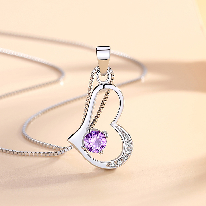 2020 nuevo s925 diamante púrpura collar de plata esterlina de las mujeres de moda colgante en forma de corazón colgante estilo coreano Cadena de clavícula joyería de moda