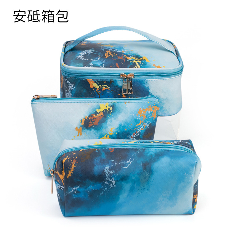 Nuevo en stock de mármol de tres piezas bolsa de cosméticos PU bolsa de lavado a prueba de agua bolsa de almacenamiento de viaje portátil de gran capacidad