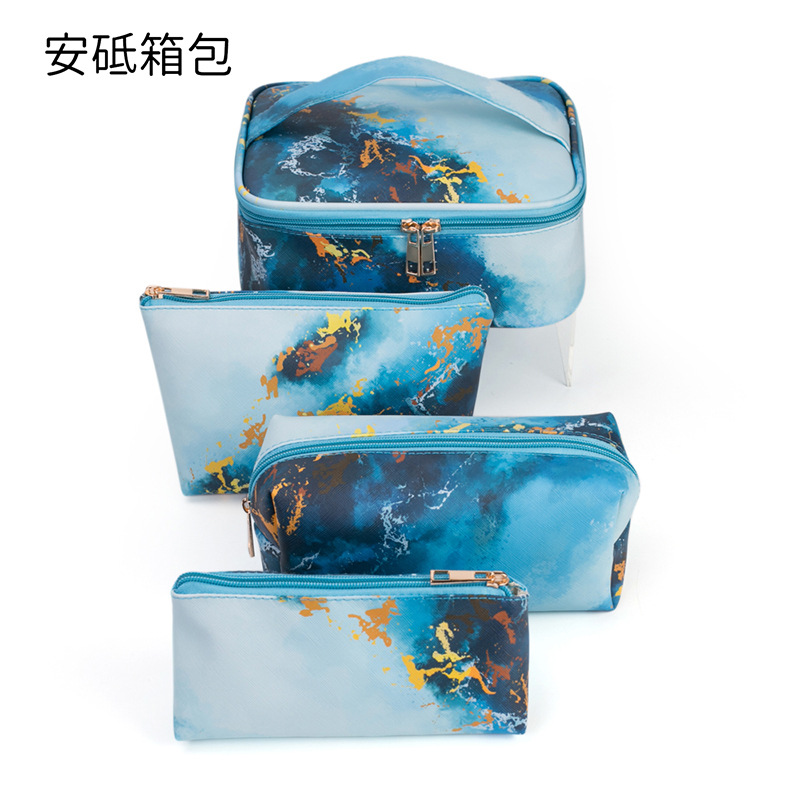 Nuevo en stock de mármol de tres piezas bolsa de cosméticos PU bolsa de lavado a prueba de agua bolsa de almacenamiento de viaje portátil de gran capacidad