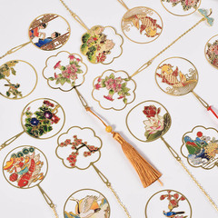 Manufacturer wholesale round fan bookmark brass painted Chinese fan-shaped tassel art metal bookmark business gift