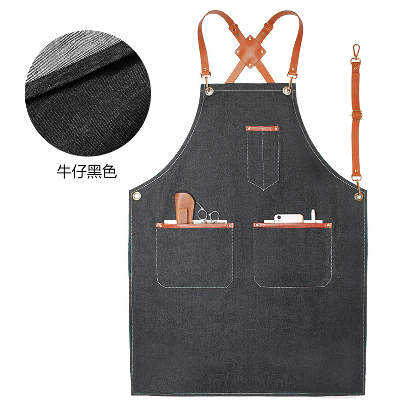 Denim delantal bolsillo tira de cuero decorativo creativo Correa overoles peluquero lona gruesa delantal por mayor
