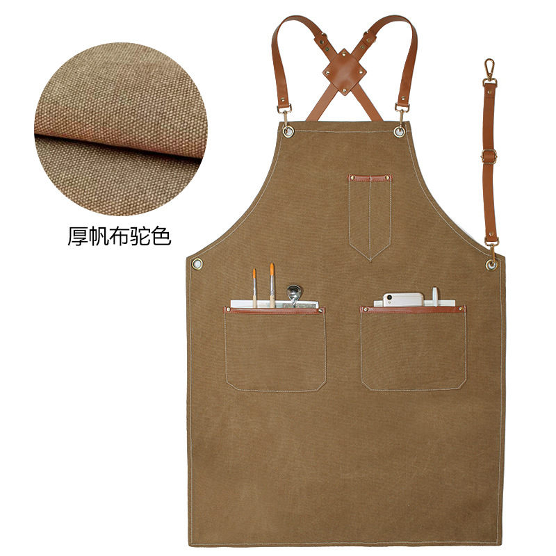 Denim delantal bolsillo tira de cuero decorativo creativo Correa overoles peluquero lona gruesa delantal por mayor