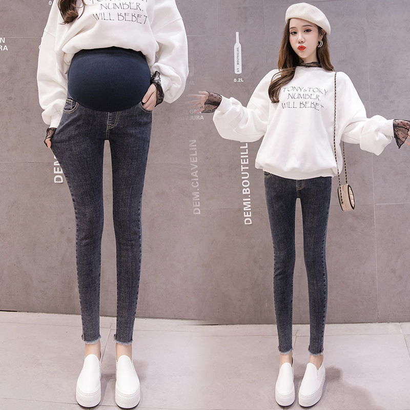 Primavera y otoño 818 # Vaqueros de mujer embarazada con pies pequeños, jeans elásticos de mujer embarazada con estilo de moda
