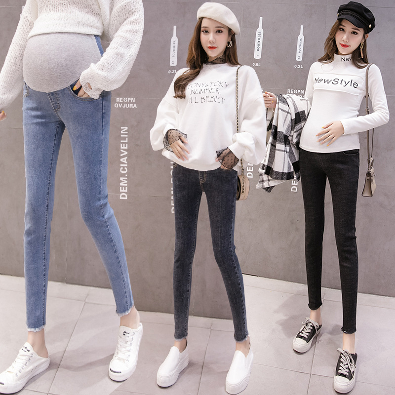 Primavera y otoño 818 # Vaqueros de mujer embarazada con pies pequeños, jeans elásticos de mujer embarazada con estilo de moda