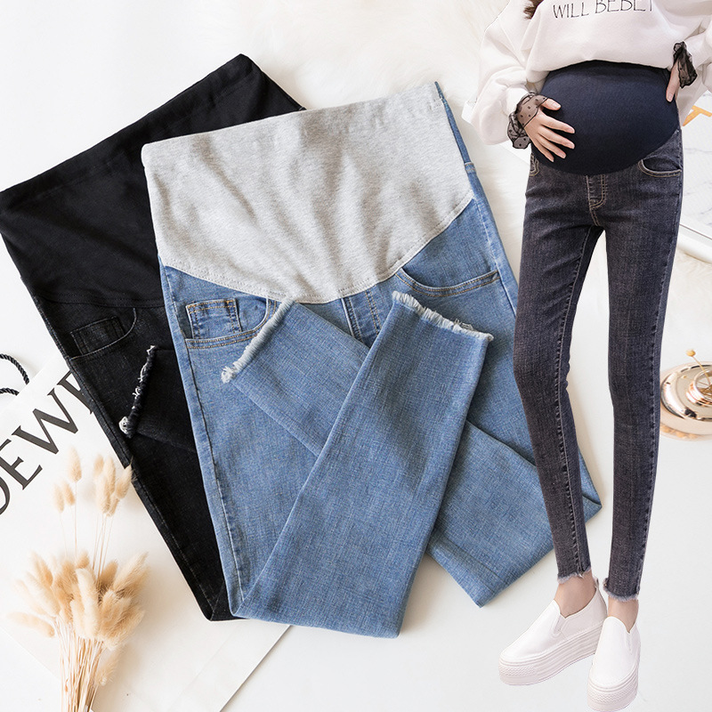 Primavera y otoño 818 # Vaqueros de mujer embarazada con pies pequeños, jeans elásticos de mujer embarazada con estilo de moda
