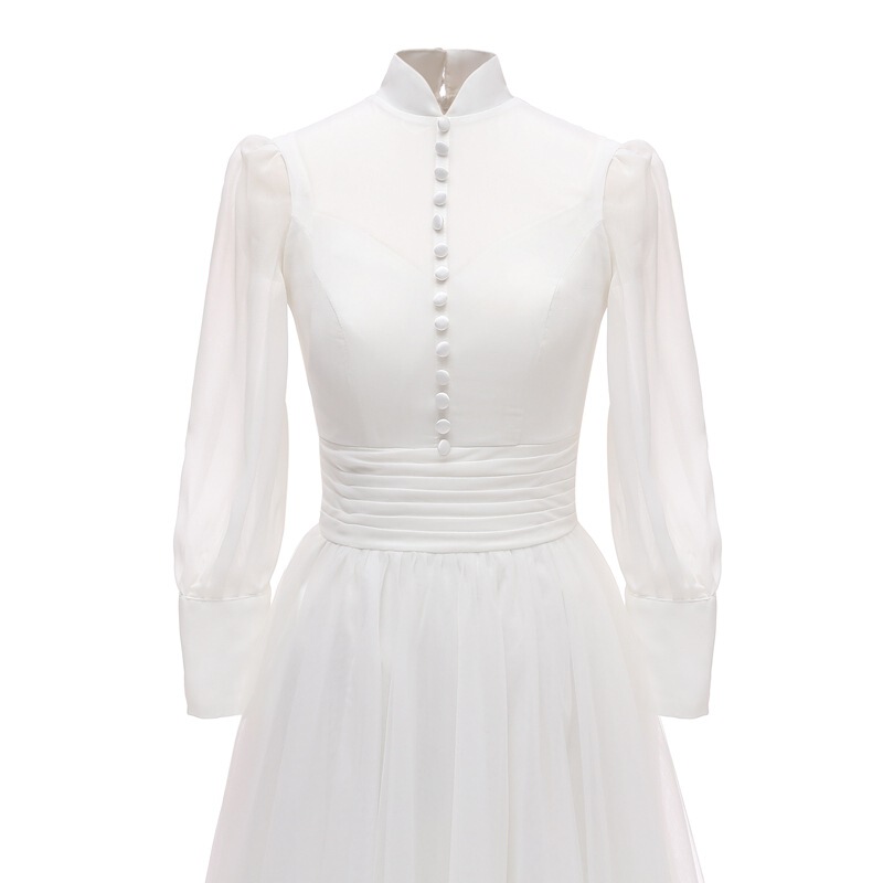 Long-Sleeved Petite Wedding Dress, Light Wedding Dress for Travel Photography, Mid-Length Evening Dress for Annual Parties, Hepburn Travel Photography Essential