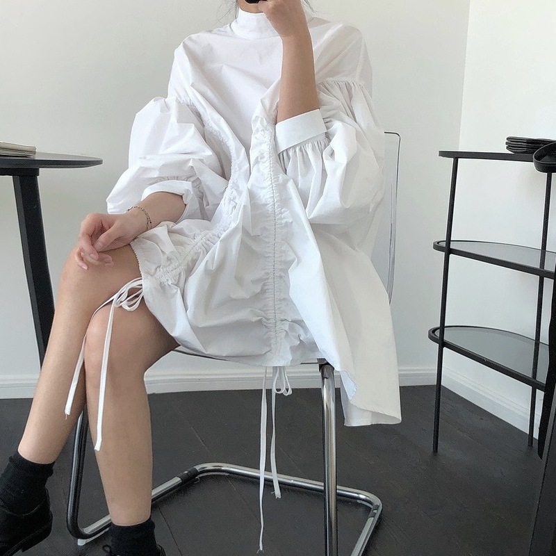 Spring New Design Stitching Irregular Collar Pullover Dress Age-reducing Slimming Lantern Sleeve Doll Dress for Women