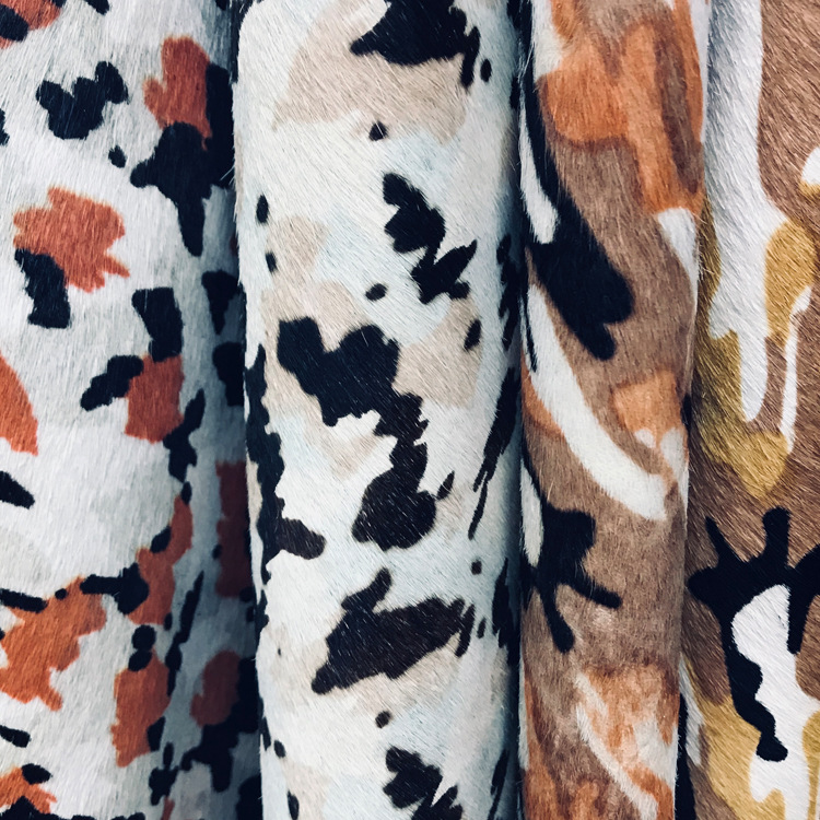 厂家供应现货马毛真皮三色奶牛花型鞋包马毛皮料底色可选批发