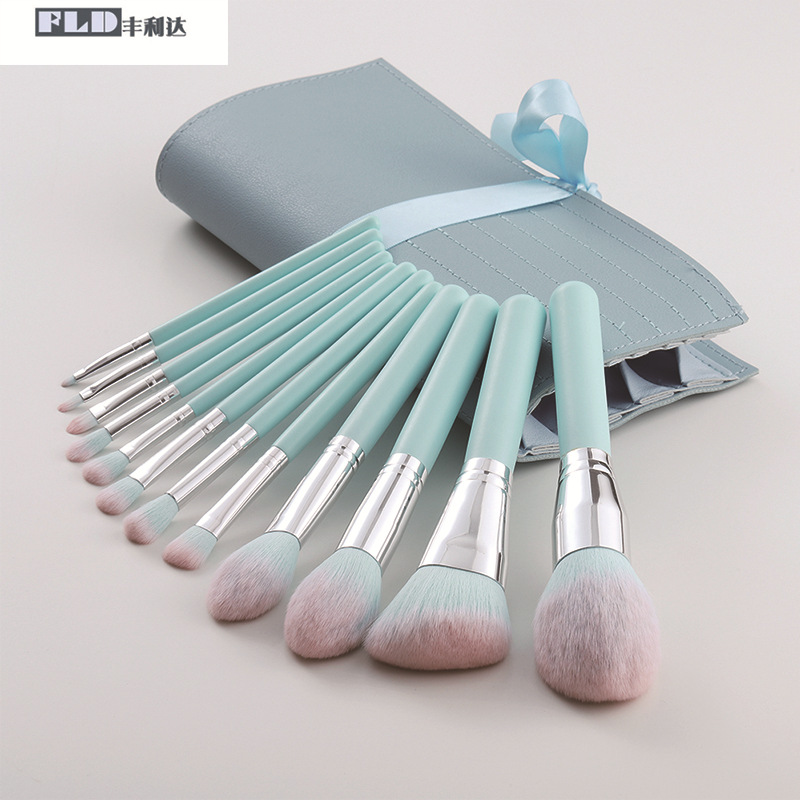 Fenglida-Juego de brochas de maquillaje con mango de madera, 12 piezas, brocha para polvos sueltos, brocha para sombra de ojos, embalaje de PU, brocha para colorete, herramientas de maquillaje de belleza