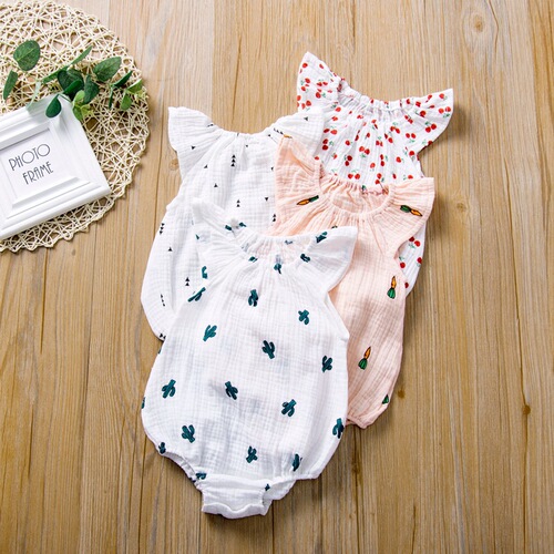 H1208# Summer Infant and Toddler Hairy Ins Europe and America Pleated One-Piece Climbing Suit Printed Cartoon Pattern Baby Hairy 