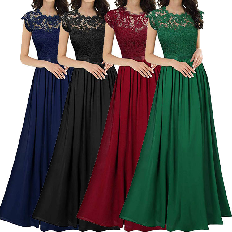 Amazon Summer Chiffon Dress Cross-Border Foreign Trade Women's New Fashion Dress Elegant Lace Long Dress