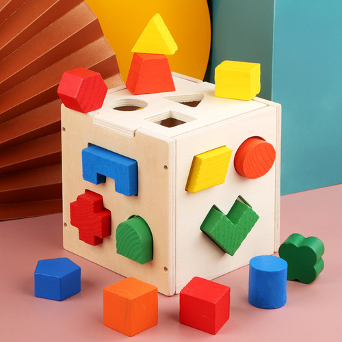 Factory direct sales children's puzzle early education three-dimensional building blocks geometric shape wooden matching building blocks 15-hole intelligence box